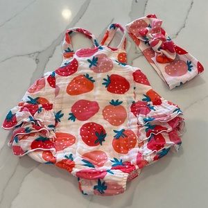 Angel Dear Strawberry Sunsuit with Matching Bow Headband